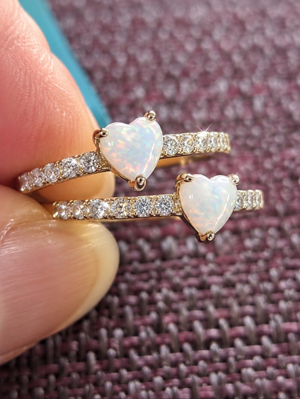 Gold Double Band Ring with White Heart Opal Stones Size 9